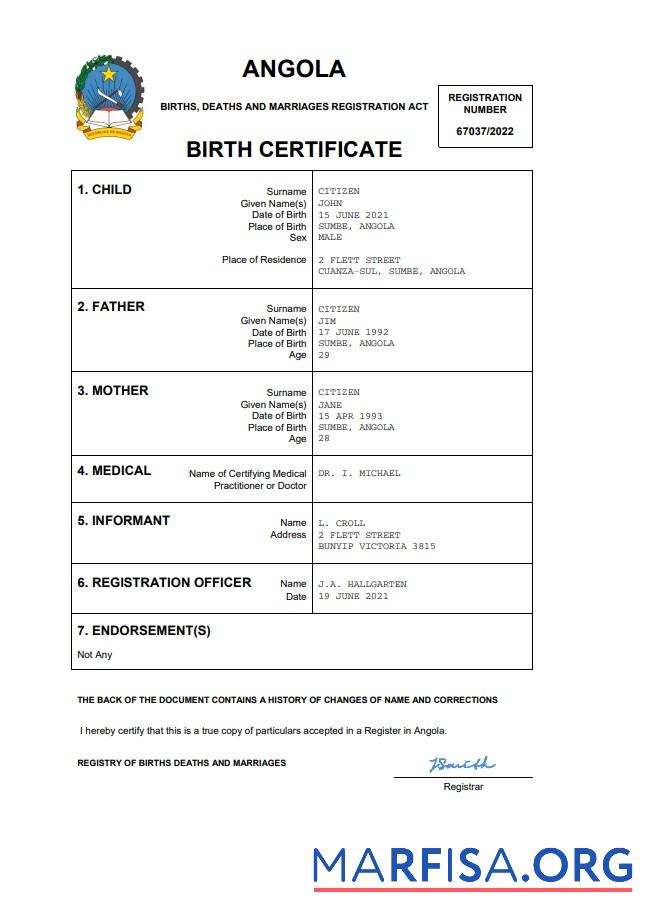 Realistic Angola vital record birth certificate Word and PDF template